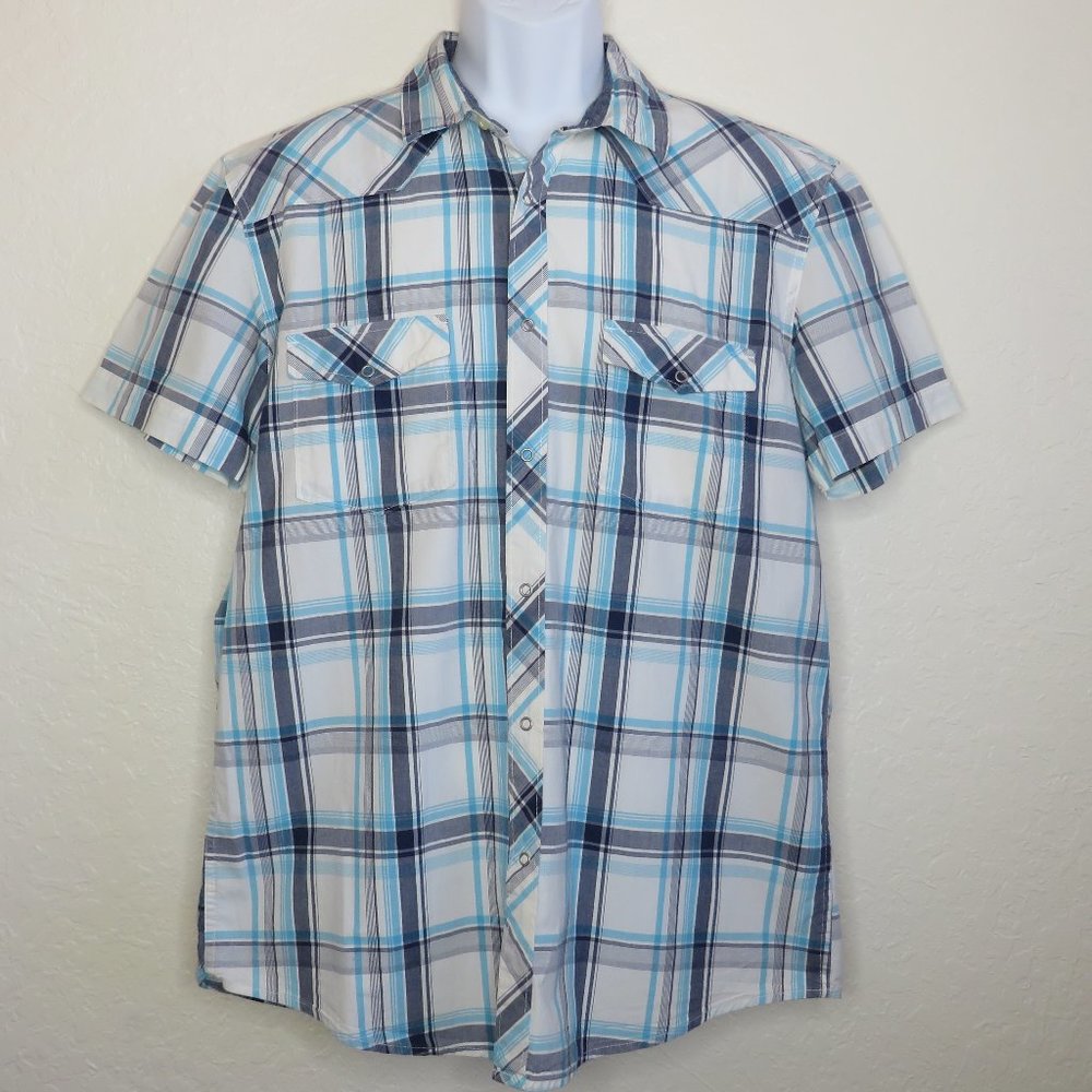 H&M* Men's Short Sleeve Snap Down Curved Hem Double Chest Pocket Shirt~ XL‎